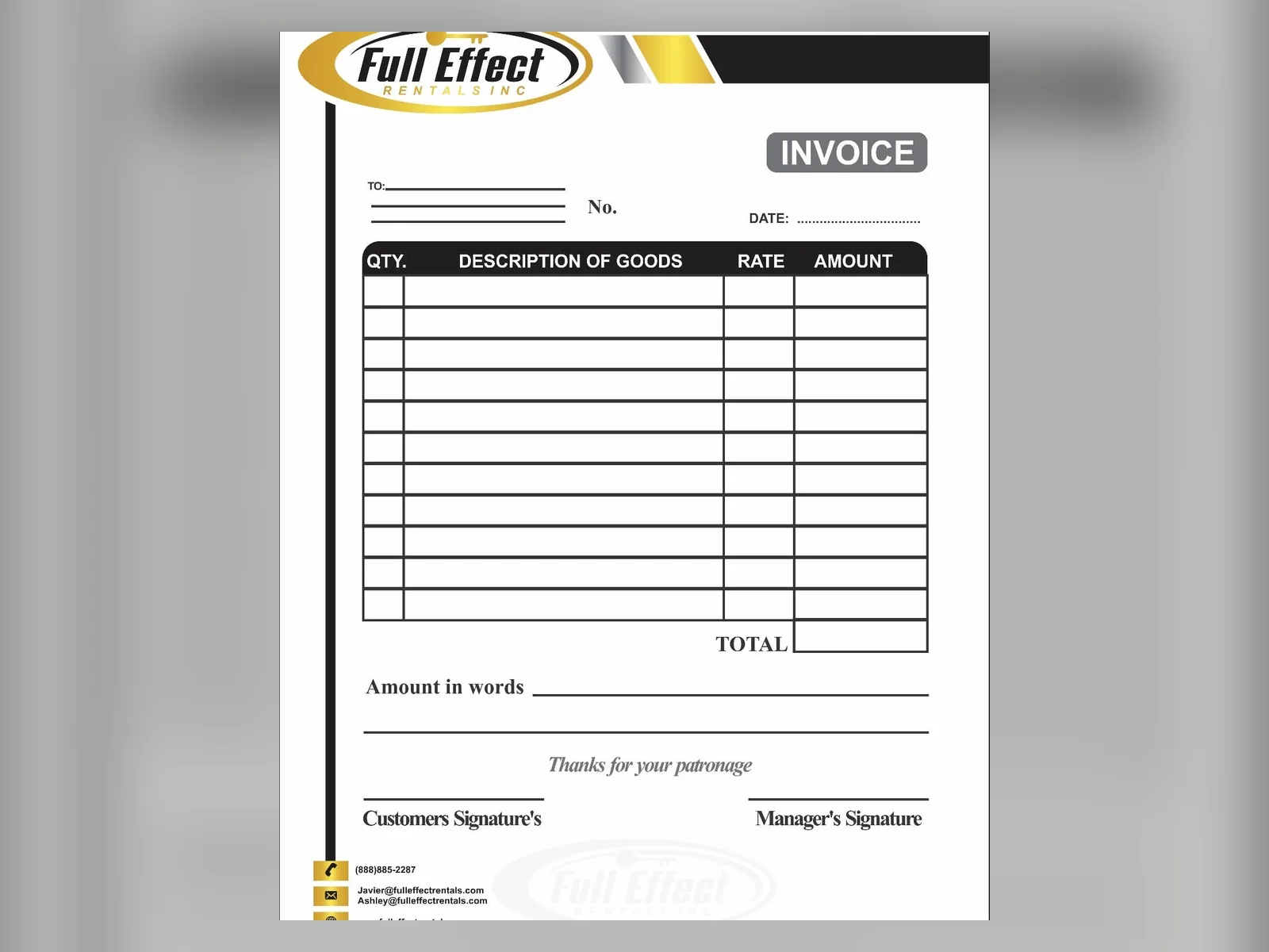 Full Effect Rentals invoice book – Full Effect Rentals Inc
